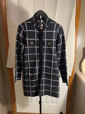 Anne Klein Black and White Grid Pattern Knit Cardigan Jacket Size S